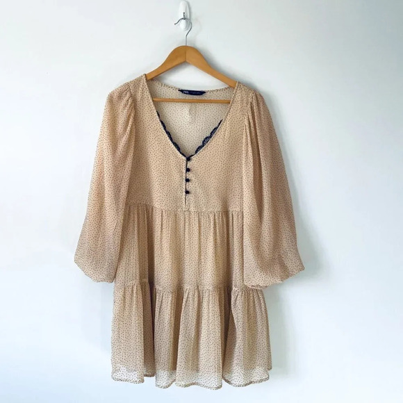 Zara Polka Dot Lace Trim Tiered Babydoll Mini Dress Beige Pink Sz Small - Picture 5 of 8